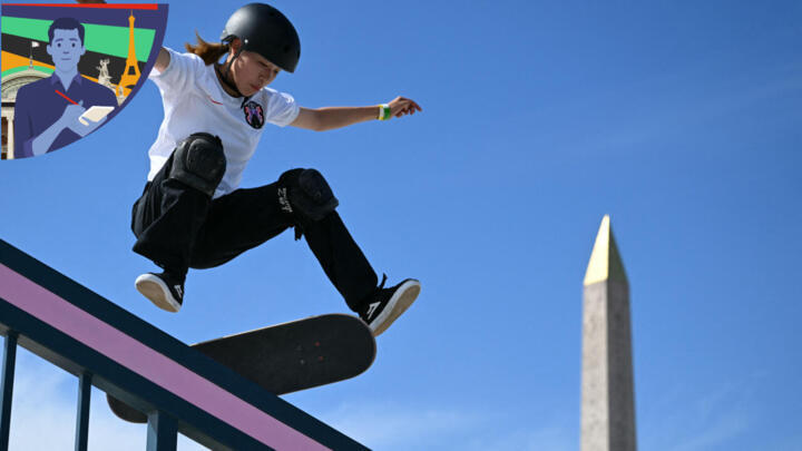 Japan's Coco Yoshizawa competes in the women's street skateboarding final during the Paris 2024 Olympic Games at La Concorde in Paris on July 28, 2024, as the Luxor Obelisk is seen in the background.